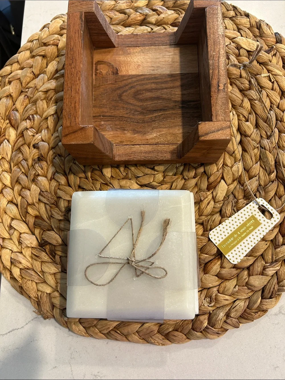 Source Unknown White Marble Coaster Set with Wooden Holder